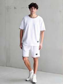 2pcs/Set Teenage Boys Casual Textured Floral Pattern T-Shirt Set, Ribbed Trim Splice Design, Suitable For Daily, Commute, Vacation And Leisure Wear Two Piece Boy Sets - White - View 9