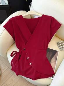 Elenzga 优雅V领交叉喇叭袖衬衫，收腰设计，时尚优雅，适合日常/工作穿着，新款红色 - 紅色 - 查看 1
