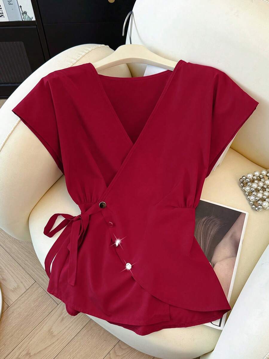 Elenzga 优雅V领交叉喇叭袖衬衫，收腰设计，时尚优雅，适合日常/工作穿着，新款红色 - 紅色 - 查看 1
