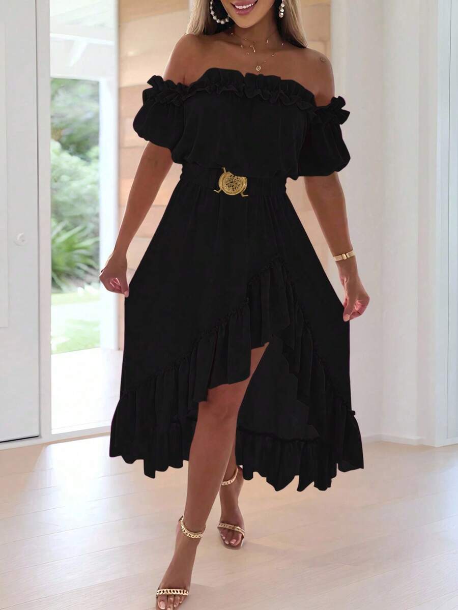 SHEIN Clasi Gaun Elegan Berwarna Polos dengan Bahu Terbuka dan Rumbai Asimetris - Hitam - View 1