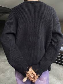 Ngobest Haus Ngobest Haus ANDREILEE 男士街头时尚设计手工系带下摆和袖口做旧流苏黑色极简长袖毛衣，休闲宽松圆领套头衫，适合春、秋、冬三季穿着。 - 黑色 - 查看 2