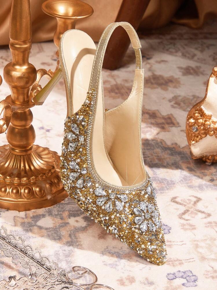 CUCCOO TILAWA Women Shoes Women's Fashion Pointed Metal Rhinestones Sparkling Evening Wedding Lightweight Daily Commuter Party Wind Outdoor Pedal Stiletto High Heel Shoes