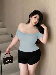 Vibekara Plus Size Solid Color Spaghetti Strap Off Shoulder Fitted Summer Women Tank Top - Baby Blue - View 5