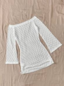 SHEIN 少女白色镂空露肩修身沙滩罩衫，百搭度假必备单品 - 白色 - 查看 2