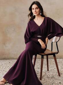 Anewsta Vestido elegante de manga larga con cuello en V y cintura ceñida, con estampado gráfico y floral, adecuado para el Día de San Valentín, vacaciones, carnaval y fiestas elegantes - Rojo violeta - Ver 6