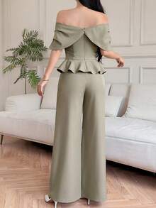 DAZY Setelan 2 Potong Wanita Elegan Warna Polos, Atasan Camisole Bahu Terbuka dengan Hiasan Ruffle dan Celana Panjang Lebar, Musim Panas - Hijau - View 2