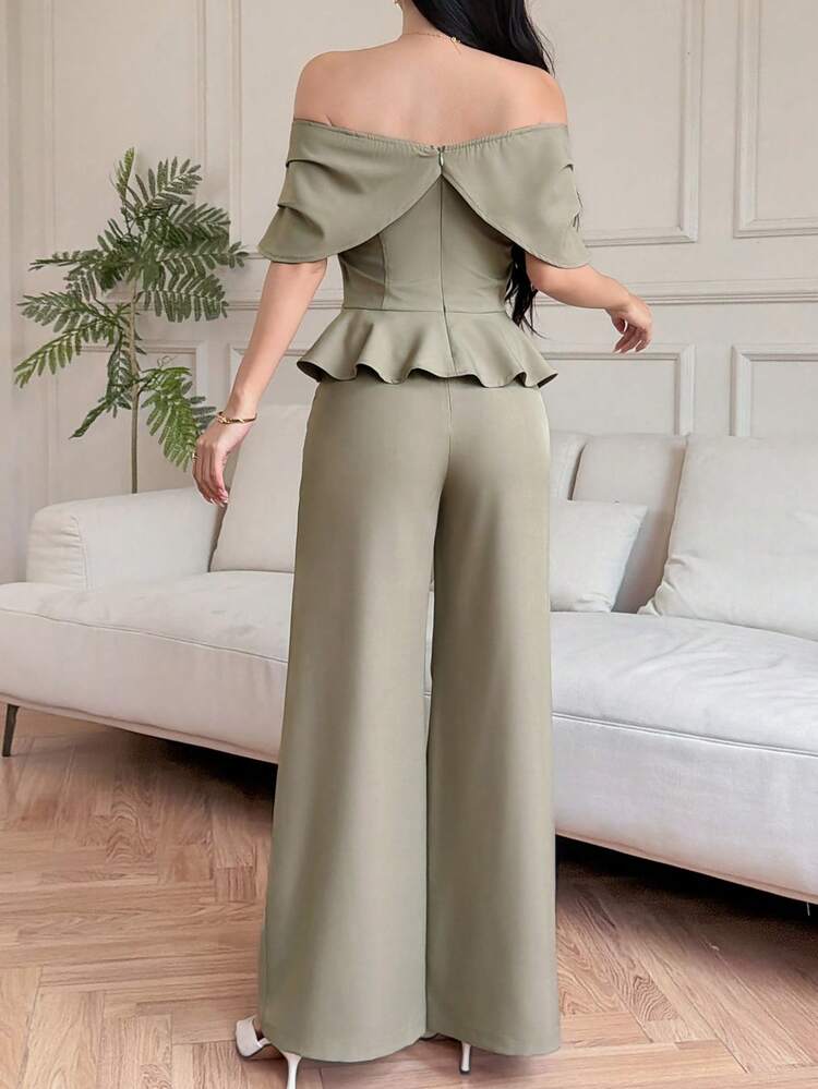 Women's Elegant Solid Color Ruffle Off Shoulder Camisole And Wide Leg Pants 2-Piece Set, Summer