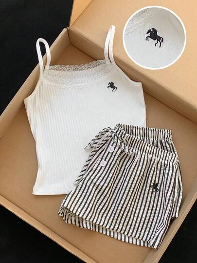 Comfortcana 女士休闲条纹吊带背心和短裤两件套，夏季