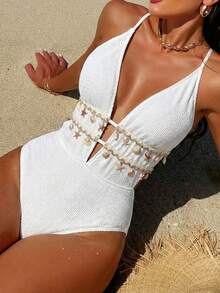 Swim Vcay 1pc Women's Solid Color Spaghetti Strap Criss-Cross Back Shell Chain One-Piece Swimsuit - White - View 3