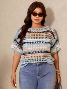 Elaquor 大码圆领落肩短袖休闲撞色条纹镂空套头毛衣 - 藍色 - 查看 5