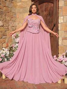 Aureia Áo choàng dáng chữ A bằng chiffon màu hồng sen thanh lịch, sang trọng, cỡ lớn, cổ áo buộc eo, thích hợp cho tiệc tối, hẹn hò, dạ hội, kỳ nghỉ, đám cưới, sự kiện trang trọng. - Bụi hồng - Xem 5