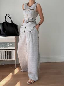 DAZY Bộ đồ mặc nhà thanh lịch kiểu thành thị dành cho nữ, gồm áo vest phối màu tương phản và quần ống rộng, thích hợp cho phái nữ. - Xám - Xem 4