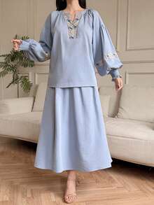 DAZY 女士休闲刺绣套头卫衣和A字裙两件套，春夏款 - 藍色 - 查看 6