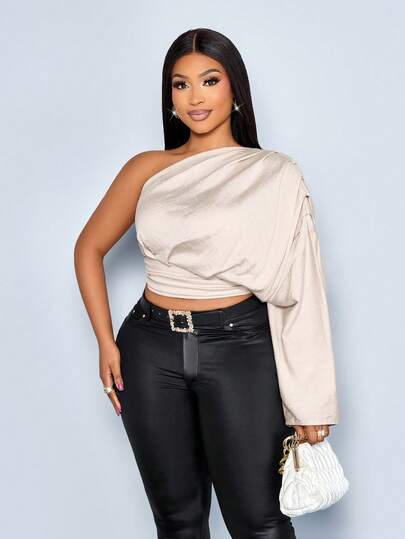 SOLERSUN Women's Elegant Versatile One Shoulder Pleated Long Sleeve Lightweight And Billowy Chiffon Blouse,Women Work Clothes Women Office Wear Women Versatile Work Shirt Going Out Outfits