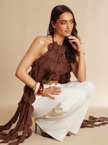 Silquee 这款时尚性感的棕色露背波点流苏吊带背心非常适合女性夏季假期、节假日、情人节、狂欢节派对和海滩度假。 - 棕色 - 查看 7