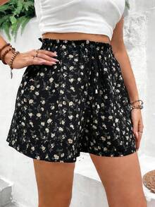 Breezaya Quần short nữ thanh lịch, thoải mái, họa tiết hoa, xếp ly ở eo. - màu đen - Xem 5