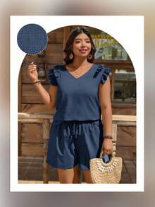 SHEIN LUNE 大码休闲纯色背心短裤两件套 - 藏蓝色 - 查看 6