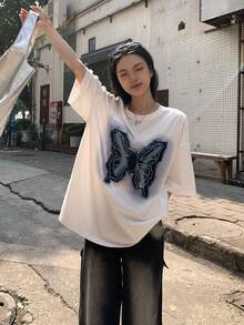 DAZY 女士夏季美式风格毛边蝴蝶贴片宽松休闲独特设计T恤 - 白色 - 查看 4