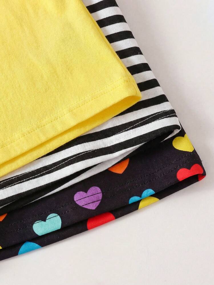 SHEIN Playful Pals 3 pièces/set Top t-shirt col rond avec volants à rayures de cœurs colorés, doux et confortable, décontracté et mignon, nouvelle arrivée printemps/été - Multicolore - Voir 4