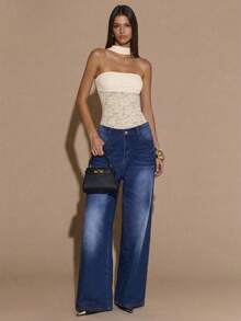 SHEIN BAE Bộ đồ liền thân ren phối ren gợi cảm dành cho nữ, thích hợp cho các bữa tiệc hộp đêm, sự kiện cocktail, trang phục gợi cảm để mặc hàng ngày, lễ hội, kỳ nghỉ, Halloween, Giáng sinh. - Màu be - Xem 5