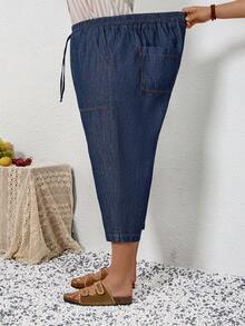 EMERY ROSE Mature Denim 大码女式腰带口袋宽松休闲七分牛仔裤，情人节、夏季、海滩、派对、优雅聚会、外出、春夏度假户外休闲牛仔裤，透气夏季 - 藍色 - 查看 6