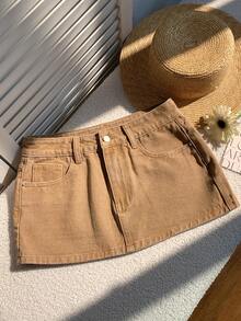 Comfortcana Chân váy denim tối giản màu trơn dành cho nữ, thích hợp cho mùa hè, kỳ nghỉ xuân, ngày Valentine, lễ hội, trang phục đi biển, kỳ nghỉ và mặc hàng ngày. - Màu Khaki - Xem 1