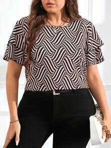SHEIN Clasi Plus Size Round Neck Double Layer Sleeve Striped Print Top - Baby Pink - View 3