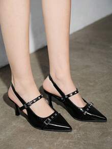 Women's Retro Pointed Toe Mary Jane Leather Shoes, British Style Flats, 2025 Spring/Autumn New Arrival, French Fashion Thick Heel High Heels,Elegant,Party - Black - View 1