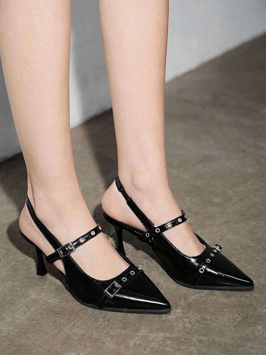 Women's Retro Pointed Toe Mary Jane Leather Shoes, British Style Flats, 2025 Spring/Autumn New Arrival, French Fashion Thick Heel High Heels,Elegant,Party - Black - View 1