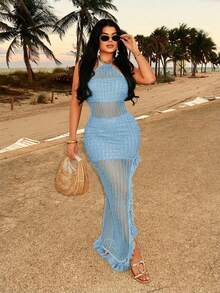 SHEIN SXY 性感波西米亚风彩色钩编波浪高开衩连衣裙，露背吊带流苏下摆长裙，适合日常外出、约会、生日、派对、夜店、海岛度假、假日等场合。 - 藍色 - 查看 2