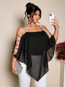 Cravure 大码女士优雅针织无袖雪纺披肩，饰有银色丝带，连体衣 - 黑色 - 查看 6