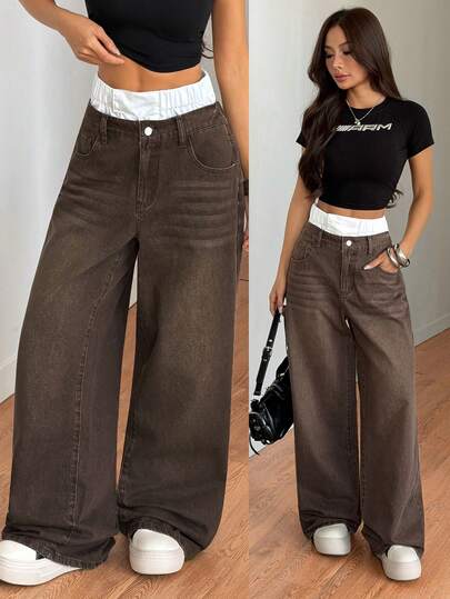 SHEIN Tall Spring To Summer Women's Jeans Low Waist Loose Straight Pants Double Waist Straight Trousers Stitching Straight Pants Tall Women's Jeans Jeans Valentine Day Jeans Women Summer Outfits For Women Women Jeans Women Pants Women Low Rise Jeans Baggy Jeans Baggy Jeans Women