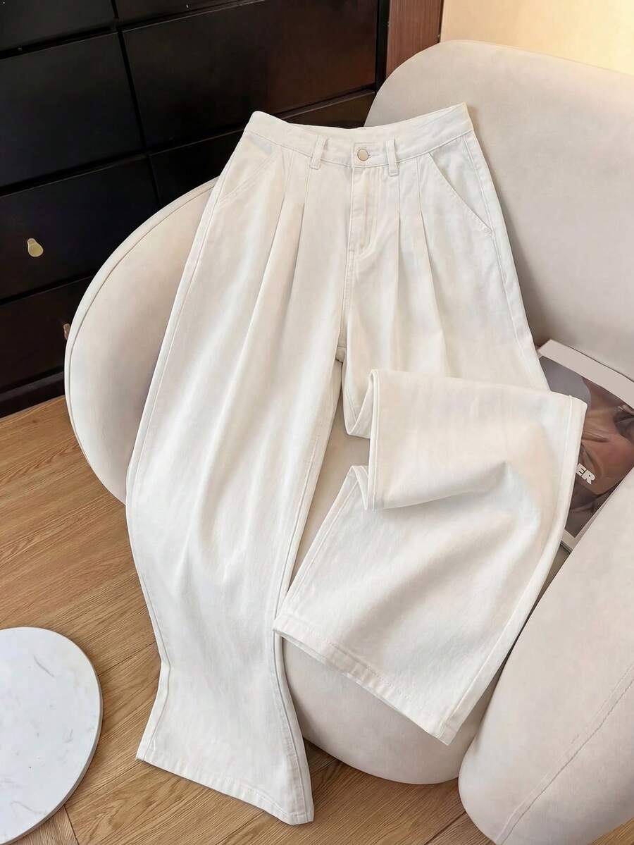 SHEIN Frenchy 女士褶裥阔腿宽松休闲百搭牛仔裤，夏季女装，春假情人节优雅派对裤，优雅女裤，度假女裤，女士休闲裤，白色裤子，女士纯白阔腿牛仔裤，高腰褶裥牛仔休闲宽松长裤 - 白色 - 查看 1