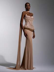 Elitara Jupe sirène élastique froncée en tricot patchwork de sequins élégante et luxueuse, convient pour le mariage, la fête, les vacances, le bal de promo, la robe de soirée - Kaki - Voir 7