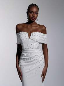 Elitara Elegant & Charming White V-Neck Off-Shoulder Elastic Knit Ruched Design Off-Shoulder Fitted Mermaid High Slit Dress, Suitable For Wedding, Party, Graduation, Vacation, Bridal Gown - White - View 6