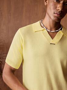 AKNOTIC Business Casual Men's Solid Color Polo Collar Short Sleeve Casual Knit Top - Yellow - View 5