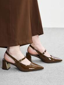 CUCCOO BIZCHIC 女士鞋履 女士尖头粗跟中跟棕色镜面露跟高跟鞋 时尚舒适 通勤商务百搭 - 咖啡色漆皮 - 查看 4