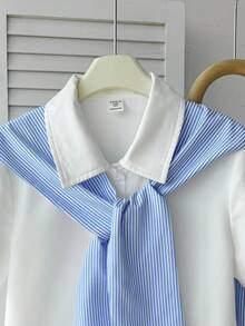 少女宽松休闲简约舒适翻领衬衫和裤子套装 - 彩色 - 查看 4