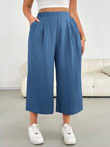 Shapeblank Pantalon large rose à taille élastique en tissu texturé, confortable et ample, pour femmes grandes tailles. Pantalon ample, style simple, européen, d'été, 7/8, pour vacances - Bleu azur - Voir 3