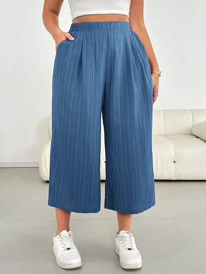 SHEIN Essnce Plus Size Women's Spring And Summer Fashion Casual Loose Comfortable Cool Daily Basic Versatile Texture Fabric Elastic Waist Pink Wide Leg Pants Cropped Pants,Women Bottom,Flowy Pants,Simlpe Style,European Summer,Capri,Vacation Outfits Woman