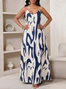 SHEIN Lady 女士全印花休闲度假约会长款吊带裙 - 藍白色 - 查看 3