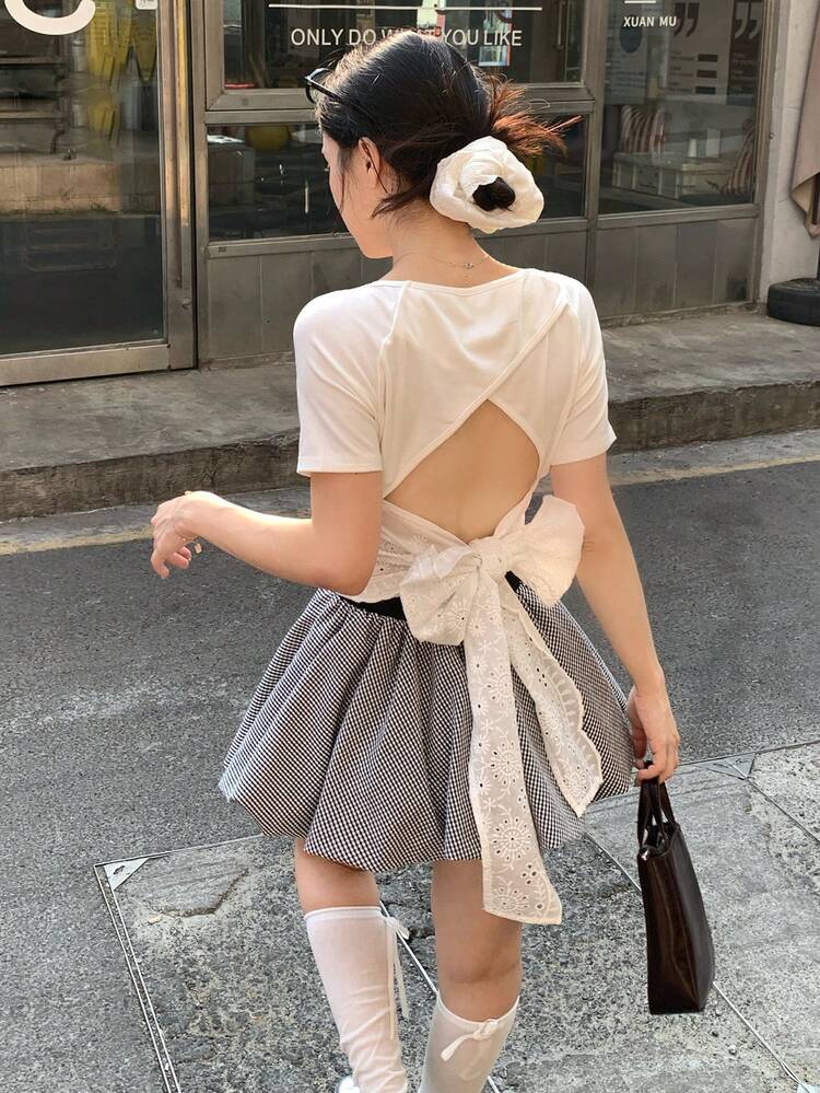 Women's Bow Tie Backless Round Neck Fitted Elastic Minimalist Sexy Top T-Shirt Summer