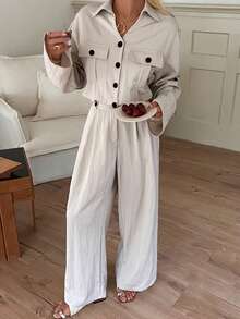 Livesso 女士纯色翻领纽扣休闲连体裤，阔腿长袖连身裤 - 米色 - 查看 3
