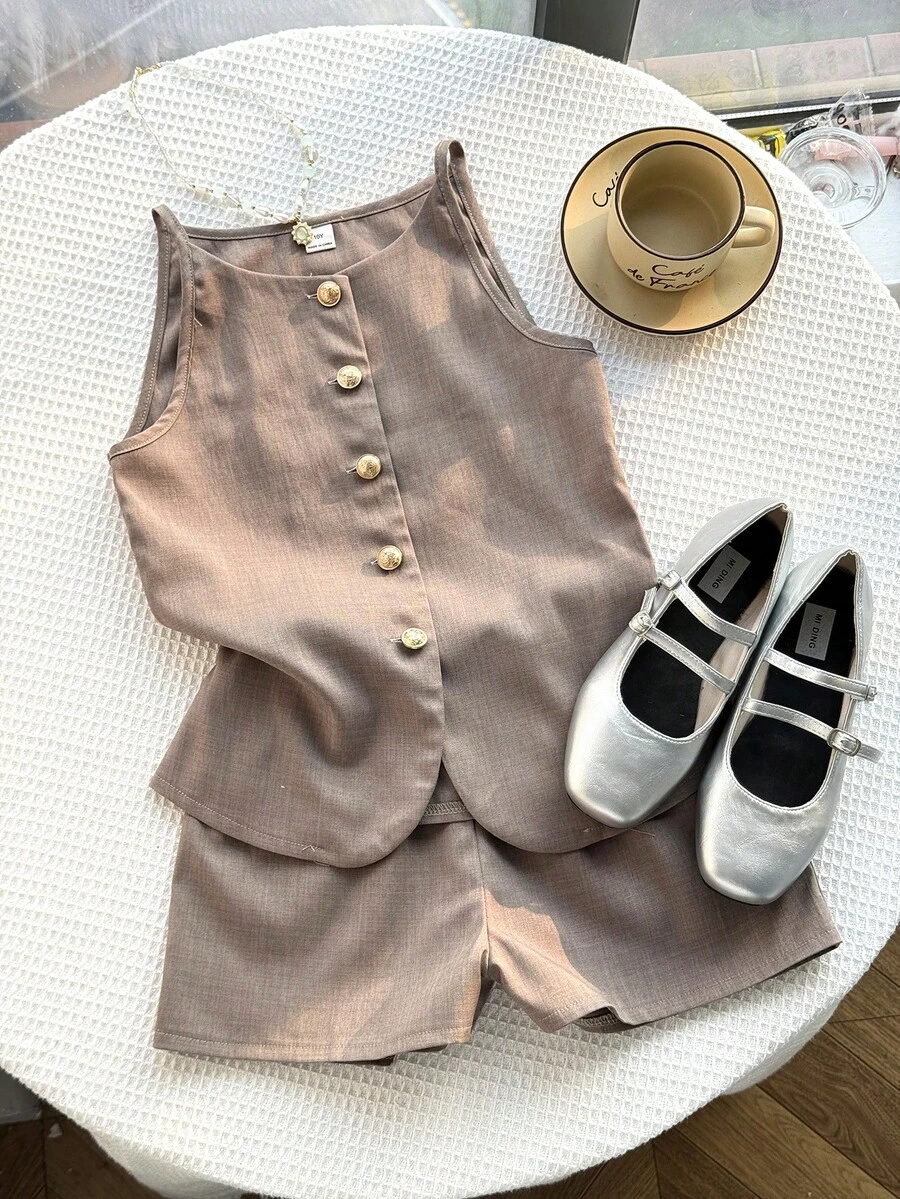 Tween Girls' Solid Color Button Decor Sleeveless Top And Shorts Set,Kids - Apricot - View 1