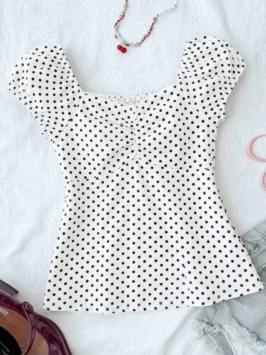 SHEIN Tween Girl Casual Minimalist Comfortable Polka Dot Backless Top - White - View 1