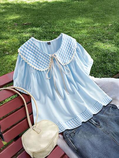 Sweetra Plus Size Blue Plaid Short Sleeve Loose Casual Cute Shirt Blue Gingham Blouse Peter Pan Collar Blouse Women's Tops Light Blue Blouse Cute Blouses