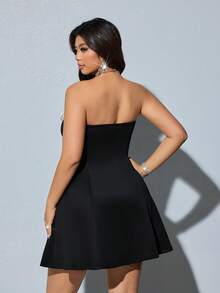 Viva Relle Plus Size Fashion 3D Rose Flower Bow Tie Bandage Cocktail Mini Dress - Black - View 2