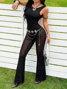 SHEIN EZwear Mesh & Sequin Sleeveless Bodycon Jumpsuit For Women - Black - View 8