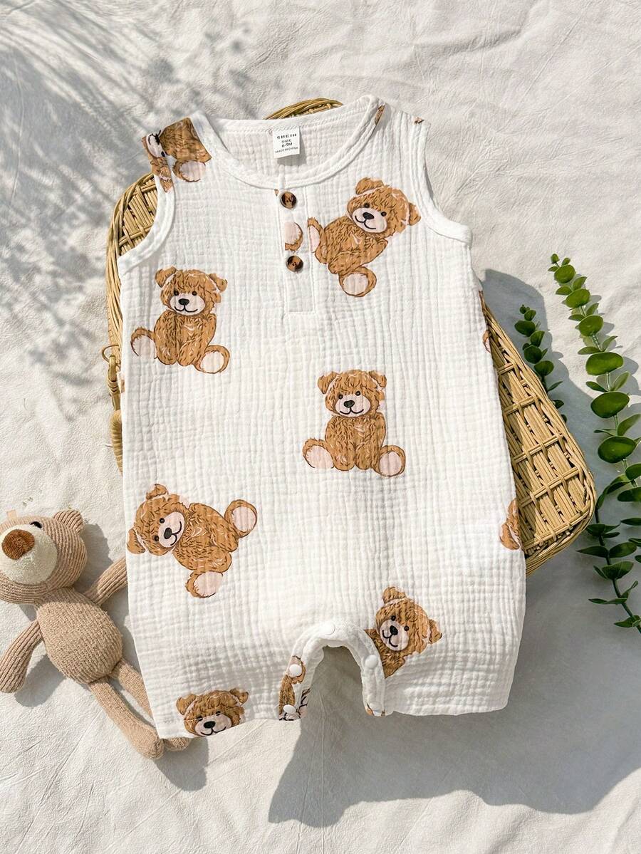 SHEIN Vintaside Kids 男婴休闲可爱小熊印花连体衣,圆领无袖,适合日常穿着、外出和度假,春夏款 - 白色 - 查看 1