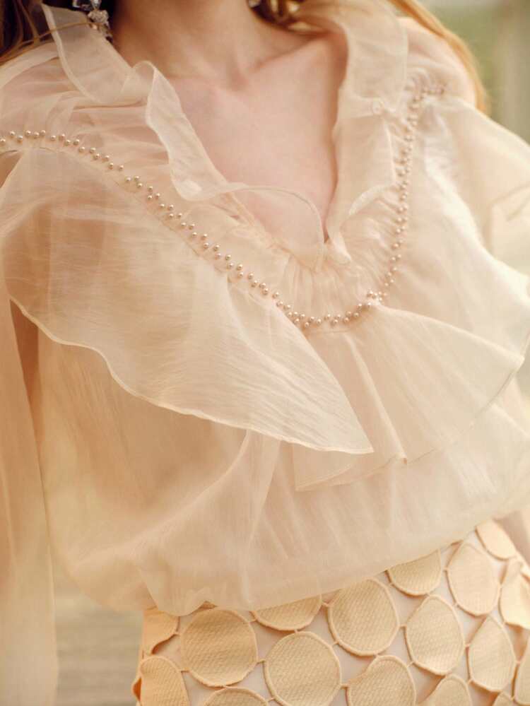 WOMEN'S V-NECK RUFFLE DESIGN LOOSE ROMANTIC LONG SLEEVE BLOUSE, SPRING/SUMMER